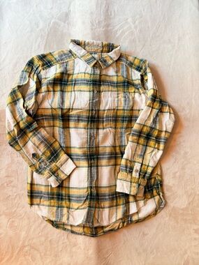 AE Boyfriend Fit Plaid Flannel Button-Up Shirt - Yellow, Teal, White, Black